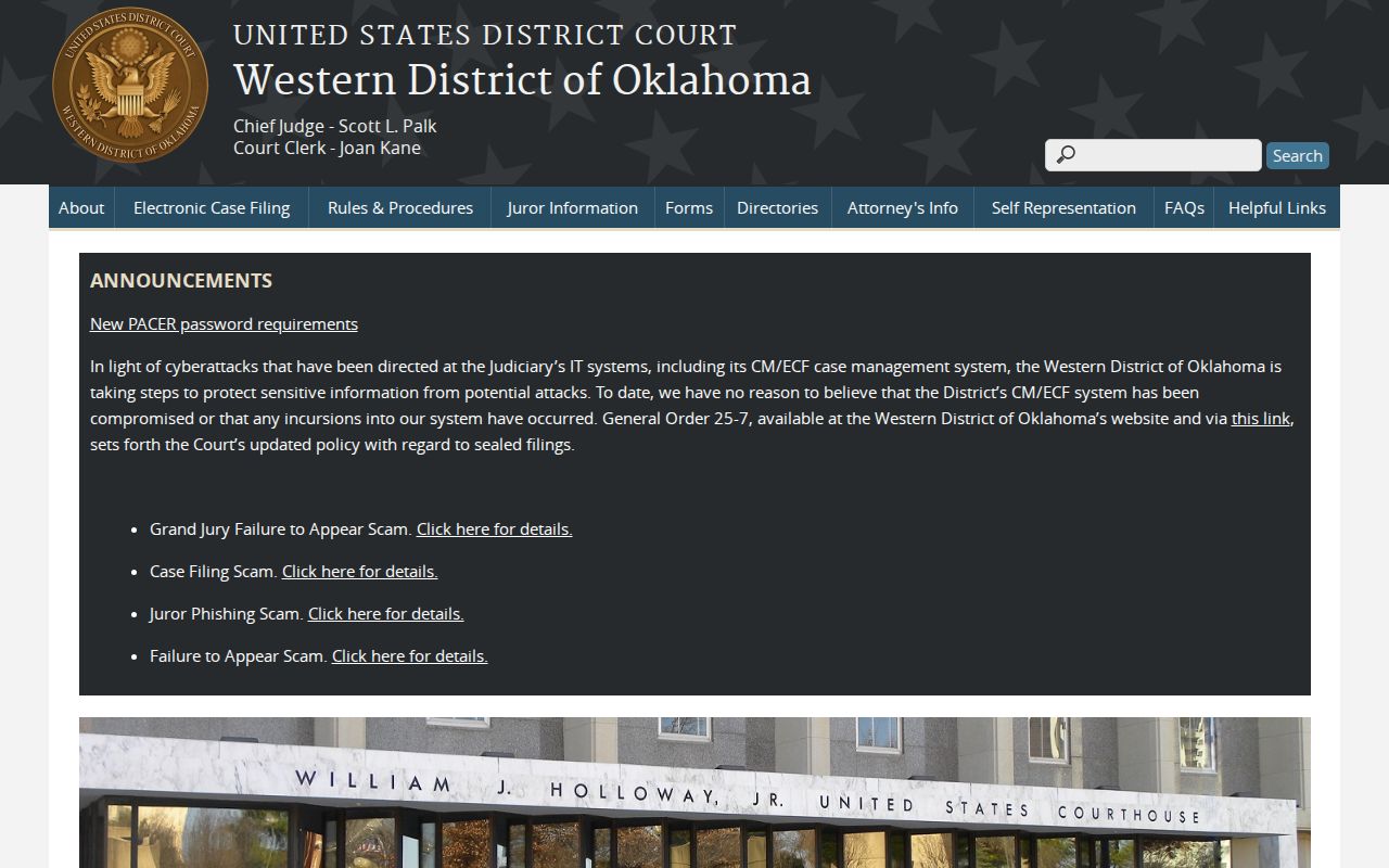 Tillman County arrest warrant search federal court offices